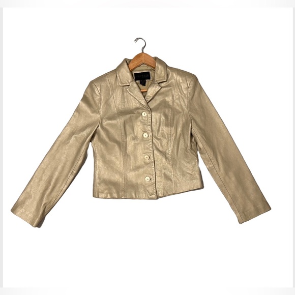 Express Gold Leather Jacket Blazer World Brand Women’s Size 7/8 Button Down - Picture 6 of 6
